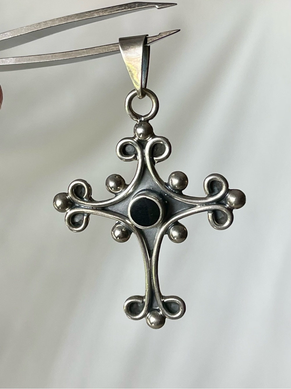 Vintage Sterling Silver Cross Pendant with Black Onyx Center